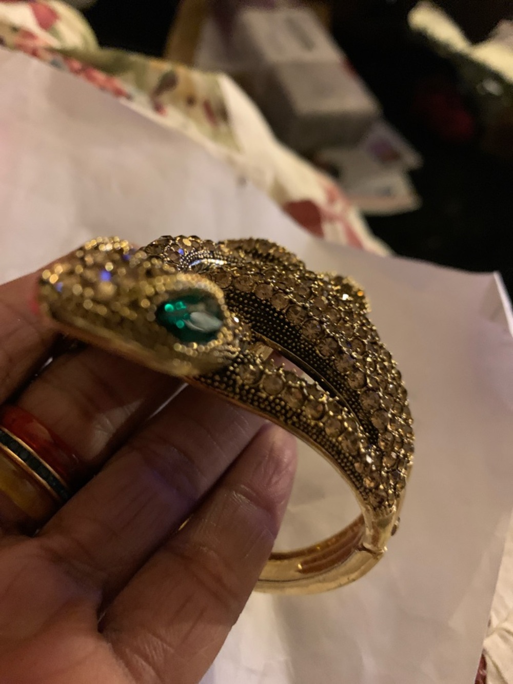 Rhinestone Snake Brooch with Green Emerald Eyes - Gold Tone - Picture 5 of 7